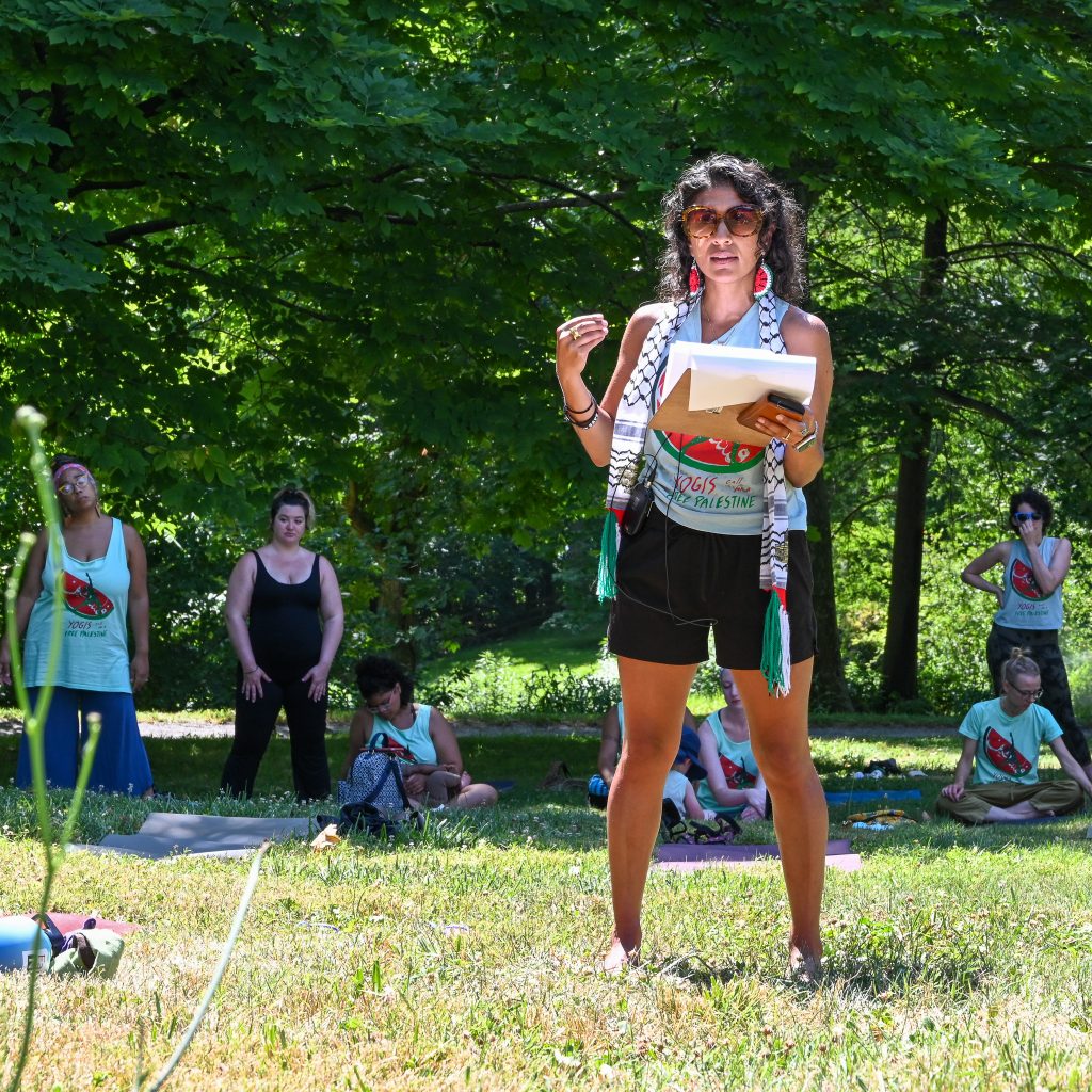 Sheena Sood leading a session of Yoga for Palestine