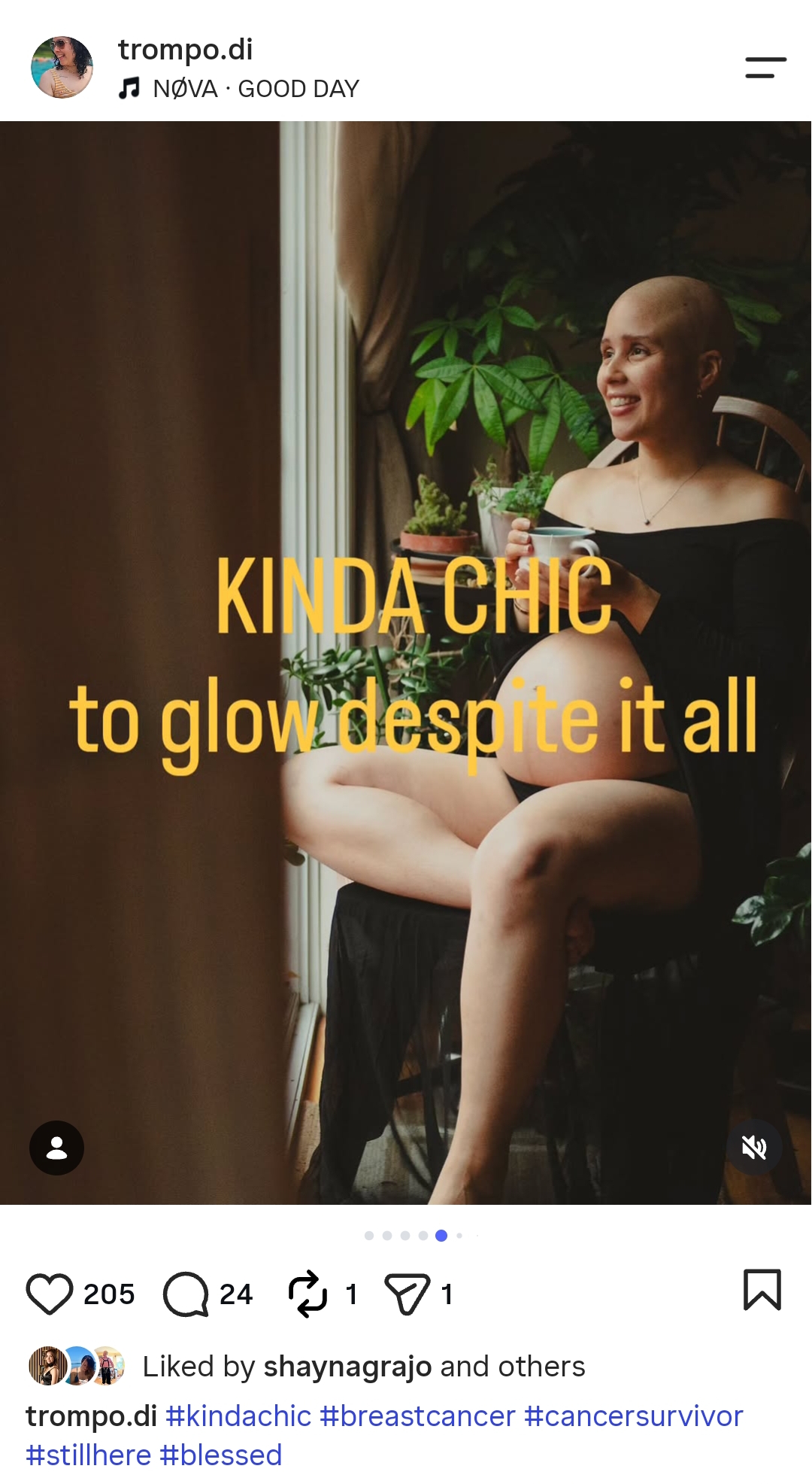 Instagram image of Indira sitting while pregnant and bald with the caption "Kinda Chic: to glow despite it all," with light coming through the window and a tropical plant in the background.
